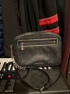 Michael Kors Black Leather Crossbody with Chain-Accent Strap
